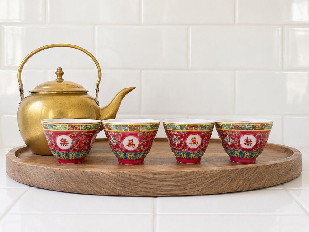 1990's Famille Rose Wan Shou Wu Jiang Longevity Cups